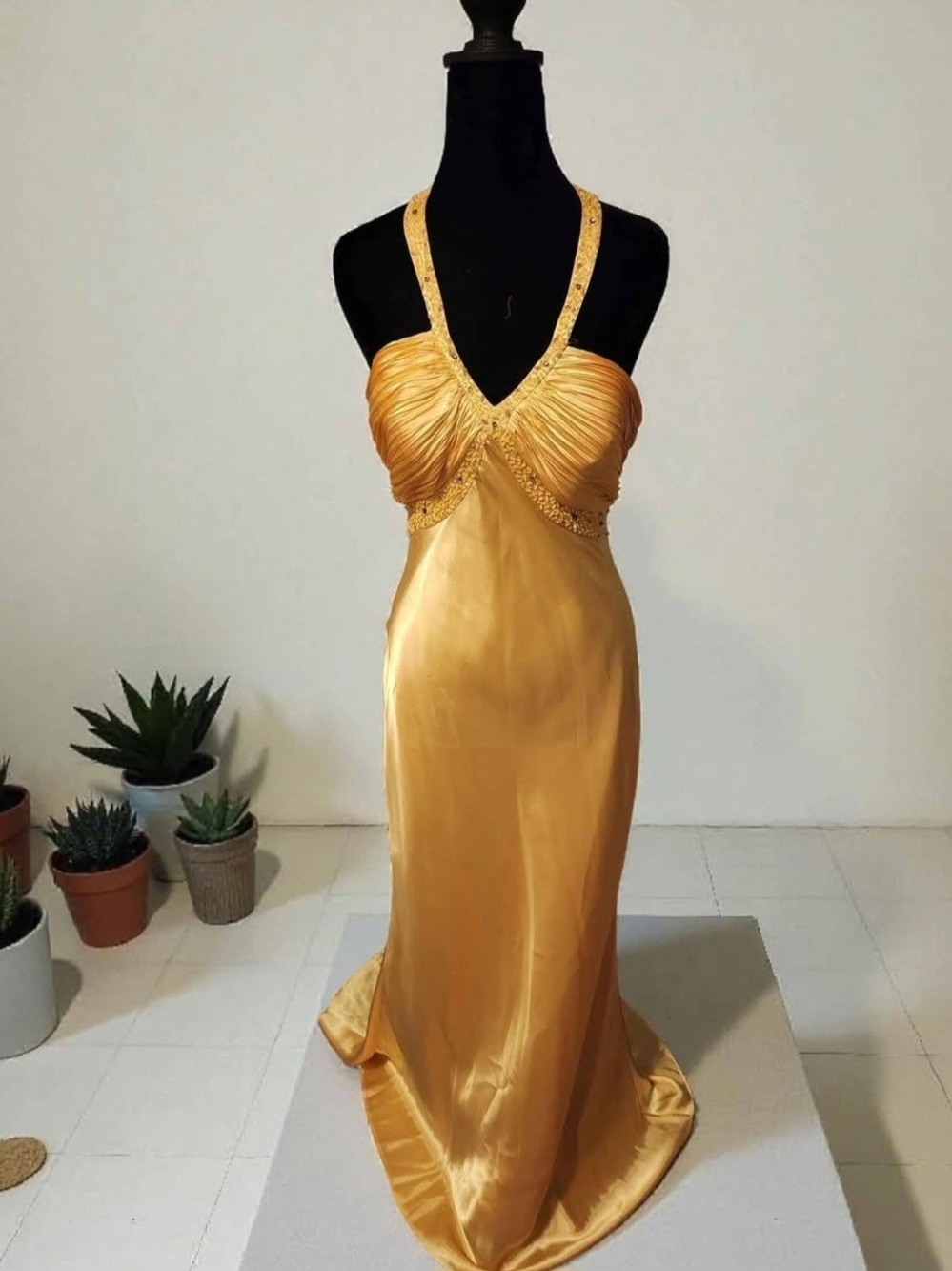 Morgan & Company Gold Satin Halter Prom/Formal Gown